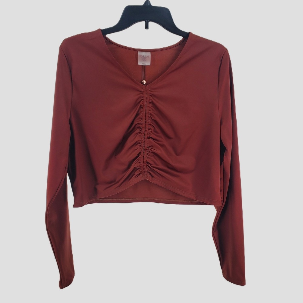 CALIA Womens XXL Ruched Rash Guard Swim Top Red Brown Shine Long Sleeve UPF 50